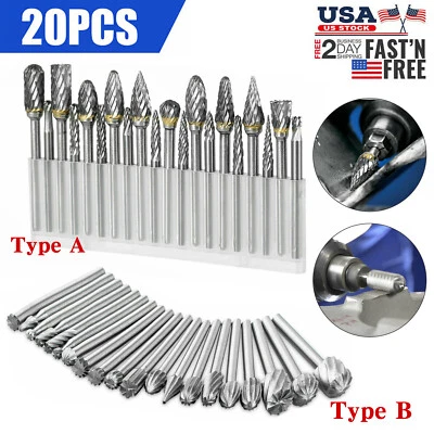 20PCS Tungsten Carbide Rotary Drill Bits 1/8" Shank Burr Die Grinder Carving Set - Image 1 of 4