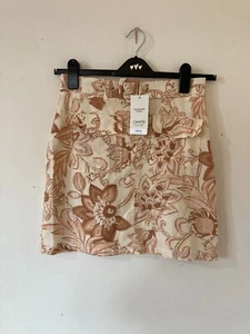 Mango Sandy Beige/Brown Floral Lined Cotton Short Belted Skirt, Size S, BNWT - Picture 1 of 4