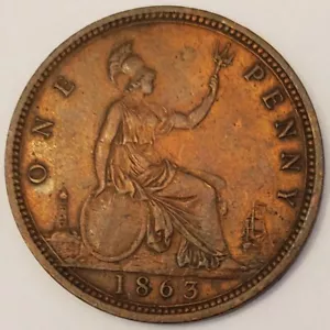 1863 Great Britain Penny; Queen Victoria; UK; KM# 749.2; VF; Bronze; FREE Ship! - Picture 1 of 2
