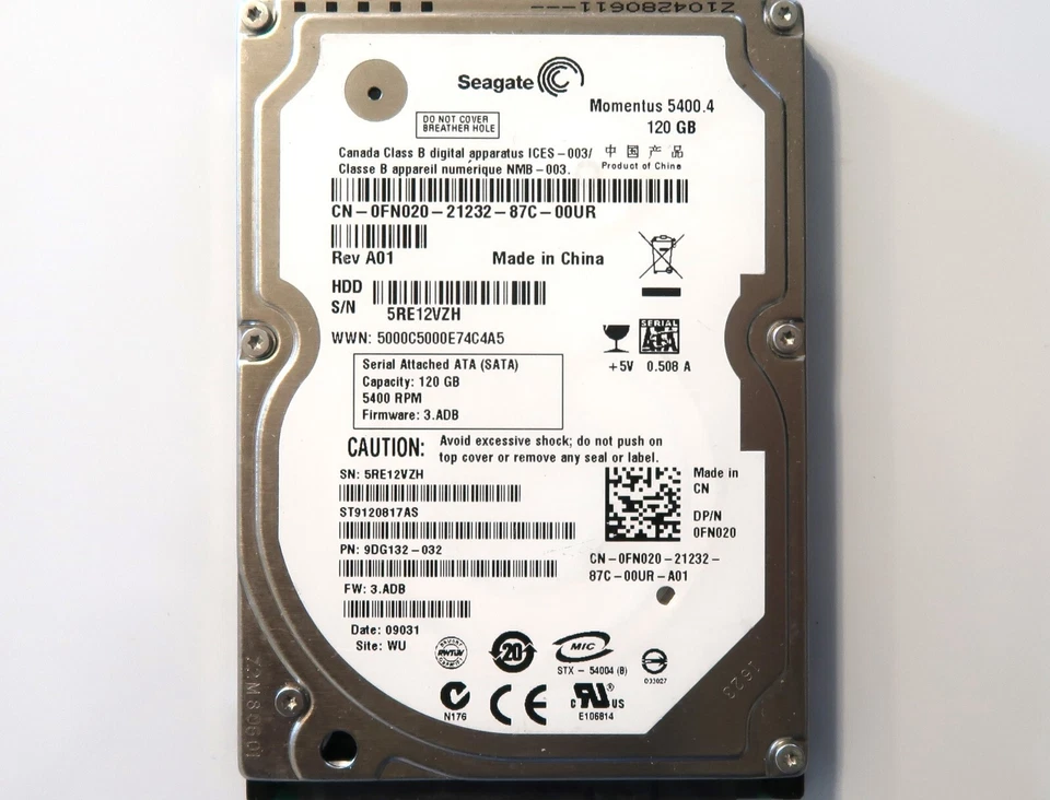 Seagate ST9120817AS 9DG132-032 FW:3.ADB (5R3) China WU 120gb 2.5" Sata JUL/2008 - Image 1 of 1