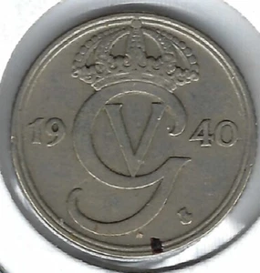 1940 Svezia Moneta 25 Ore Gustavo V rame-nichel! (#6) - Foto 1 di 2