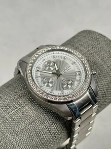 Fossil Watch Womens 37mm Pave Bezel Decker Chrono Date Silver Tone New Battery - Picture 1 of 11