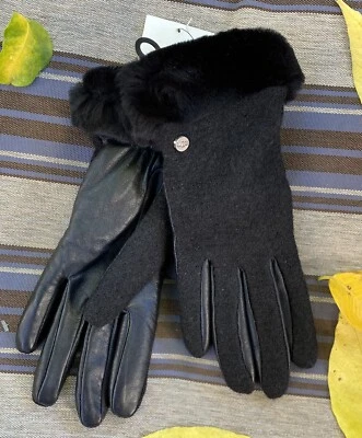 全新带标签 UGG M Fabric 皮革手套浅黑色手腕 FAUX FUR LINED 18813 $110 — 第 1/4 张图片