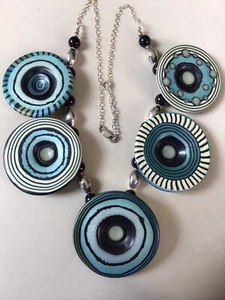 Sterling Silver Necklace With Polymer Clay And Jet Bead Accents -Statement Piece - Picture 1 of 11