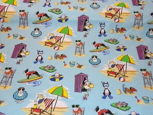 Dogs at the Beach Surfboards Tubes Snorkel' Fabric Traditions Blue Cotton Fabric - Picture 1 of 5