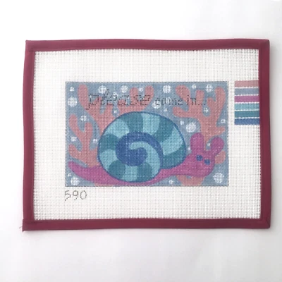 Handpainted Needlepoint Canvas Please Come In Sign Snail Blue Purple 14 Mesh - Image 1 of 3