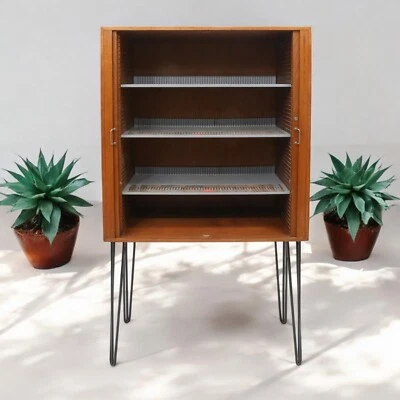 1960s Teak Cupboard With Metal Shelving Sliding Tambour Doors FREE UK Delivery - Image 1 of 4
