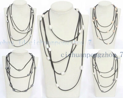 Long 86'' 11-13mm Black White Pink Gray Rice Pearl Black Leather Rope Necklace - image 1 of 4