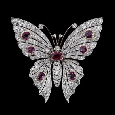 33.20 TCW Cabochon Ruby & Round Sapphire Pretty Butterfly Brooch For Women's - Image 1 of 4