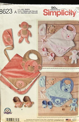 SIMPLICITY SEWING PATTERN 8623 BABY ACCESSORIES TOY BEAR BLANKET BOOTIES BIB HAT - Image 1 of 2
