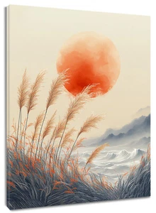 Botanical Orange Boho Sun on Beige Abstract Wall Art for Bathroom Living Room - Picture 1 of 15