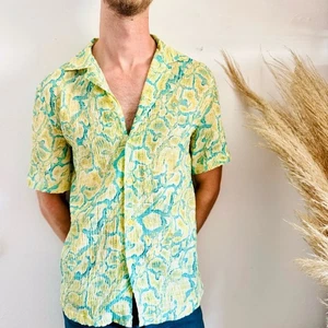 HERREN ZARA Gelb Blau Grün Schlangenleder Print Button Down Kurzarm Hemd Oberteil S - Bild 1 von 11