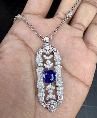 杰作! 天然 4 克拉蓝色蓝宝石 18K 白金项链。 Edwardian设计 — 第 1/4 张图片