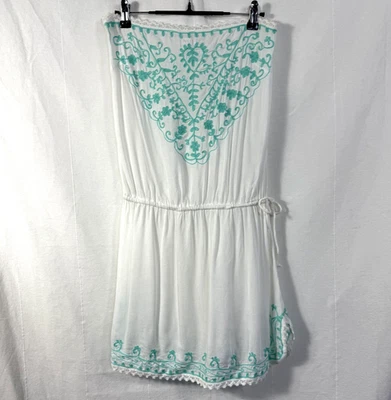 Venus Dress Womens Sz S White Teal Embroidered Strapless Swimsuit Beach Cover Up - Image 1 of 4