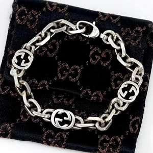 GUCCI Interlocking G Logo Chain Bracelet 7" Silver 925 Auth w/Bag #0726 - Picture 1 of 7