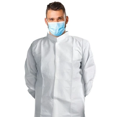 Disposable Lab Coats 40" Long 60ct White Large PPE Gowns w/ Stand-Collar Elastic - Image 1 of 4