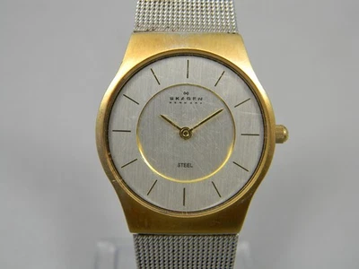 Skagen Steel Watch Women 28mm Silver/Gold Tone Adjustable Mesh Band New Battery Foto 1 de 4