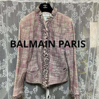 USED BALMAIN PARIS RUFFLED COLLARLESS LEATHER JACKET ACCEPTABLE - Image 1 of 4