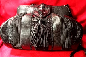 VINTAGE SHARIF DAMEN GELDBÖRSE/CLUCH SCHWARZ SCHLANGE EIDECHSE & LEDER - Bild 1 von 23