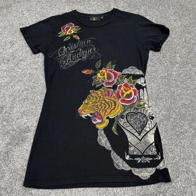 Vintage Christian Audigier Shirt Women Medium Black Y2K Tiger Rose Baby Doll - Image 1 of 4