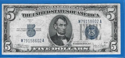 Billete certificado de plata de $5 de 1934C, sello azul, circo en muy buen estado, ¡bonito! Foto 1 de 2