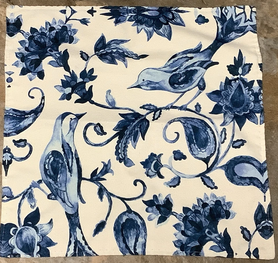 20” Pillow Cover~Blue & Off White~Birds & Florals Design~Zipper/Quality~ - Image 1 of 4