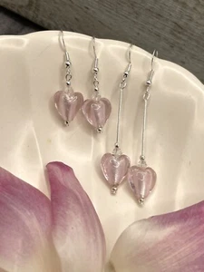 Pink Heart Earrings Glass Crystal Long or Short Drop 925 Silver Hooks Handmade - Picture 1 of 13