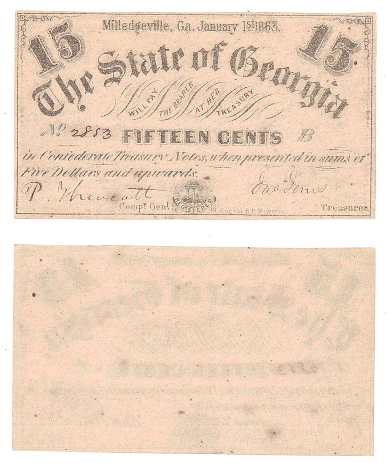 1863 15 Cent The State Of Georgia Milledgeville Cr-17 Uncirculated #2853 B - Image 1 of 1