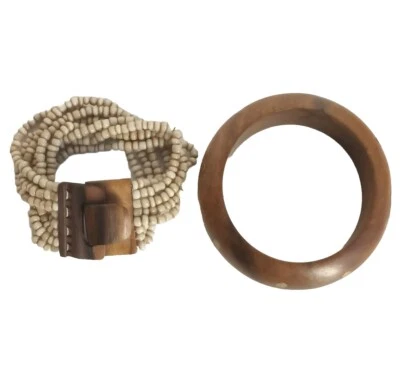 Juego de 2 pulseras brazalete de madera con puntos de latón, pestillo de madera pulsera de cuentas elásticas Foto 1 de 4