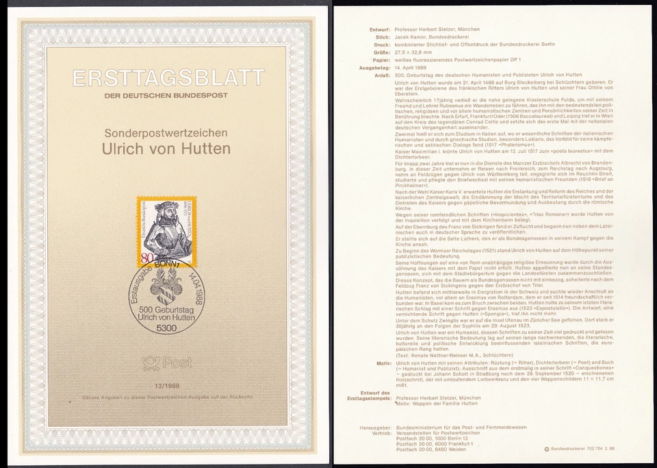 GERMANY 1988 First Day Card Michel 1364 ETB Sheet - Ulrich von Hutten - Image 1 of 1