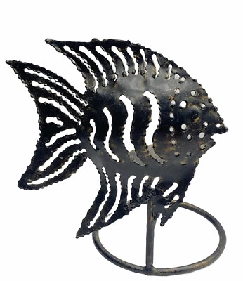 Antique Black 7” Tall Angel Fish Pillar Tea Light Candle Holder Iron Metal - Image 1 of 4