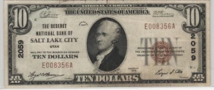 1929 Salt Lake City Utah $10 National Banknote Charter 2059 VF Stain - Picture 1 of 2