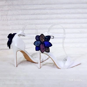 Ellie Pearl White Stiletto High Heels With Diamante Flowers - Picture 1 of 9