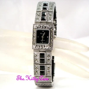 Reloj pulsera vintage plateado decorativo marcasita con cristales Jet Swarovski - Imagen 1 de 12