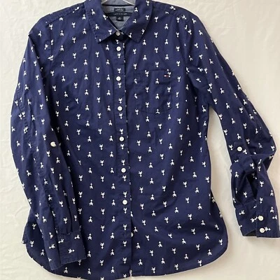 Camisa Tommy Hilfiger Mujer Pequeña Azul Blanco Flechas Manga Pestaña Enrollable Calce Clásico Foto 1 de 4