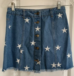 Sans Souci Denim Button Front Skirt with Embroidered Stars Size Small Raw Hem - Picture 1 of 7