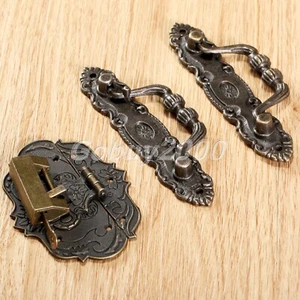 Antique Chest Furniture Door Latch Hasp Pull Handles Lock Screws Hardware Chic - Picture 1 of 10