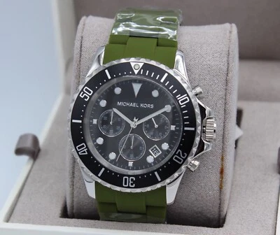 NEW AUTHENTIC MICHAEL KORS EVEREST SILVER BLACK GREEN SILICONE MK8981 MENS WATCH - Image 1 of 4