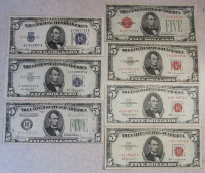 (Лот из 7) различные винтажные США $5 банкноты ~ вкл. a *STAR* ~ в основном более высокого класса - Изображение 1 из 4
