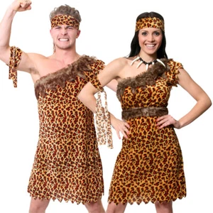 CAVEMAN & CAVEWOMAN COSTUME COUPLES PREHISTORIC FANCY DRESS OUTFIT CAVEGIRL - Picture 1 of 7