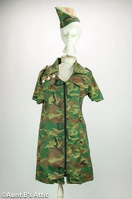  Army Camouflage Dress Sexy 2 Piece Green & Brown Zip Front Dress & Hat Lg   - Image 1 of 2