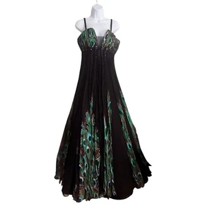 Alberto Malaki Peacock 100% Silk Flowy Haute Beaded, Sequin Empire Waist Gown 8 - Picture 1 of 16