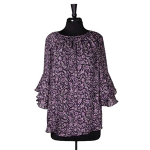 Chaps Ralph Lauren Women’s Blouse L Purple Floral Bell Sleeve Peasant Boho Top - Picture 1 of 9