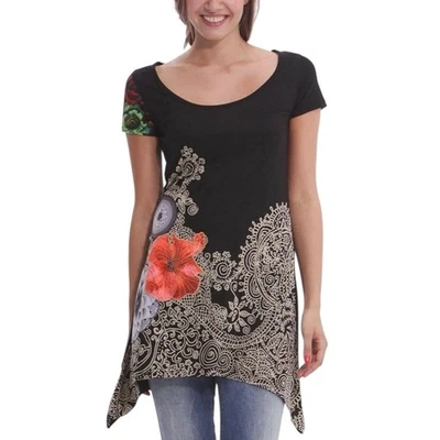 Túnica para mujer Desigual talla pequeña negra floral cachemira asimétrica camisa boho Foto 1 de 4