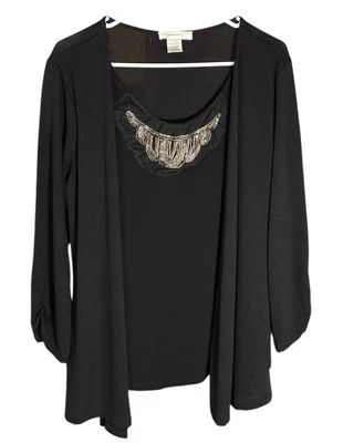 NWT Vintage Womens Cardigan w/Cami XL Black Stretch Beaded Detail Career Office - Image 1 of 4