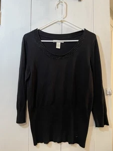 Vintage Hillard & Hanson Soft Black Beaded Boat Neckline Sweater Sz L Good Cond - Picture 1 of 4