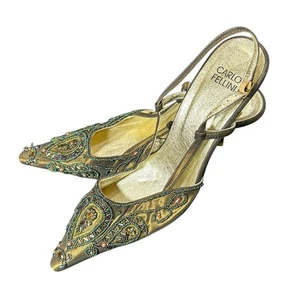 Deep green beading detail sz 10Women's Shoes boho heels sling back- pointed toe - Picture 1 of 7