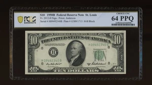 DBR 1950-B $10 St. Louis Fr. 2012-H PCGS-B 64 PPQ Serial H09492340B - Picture 1 of 2