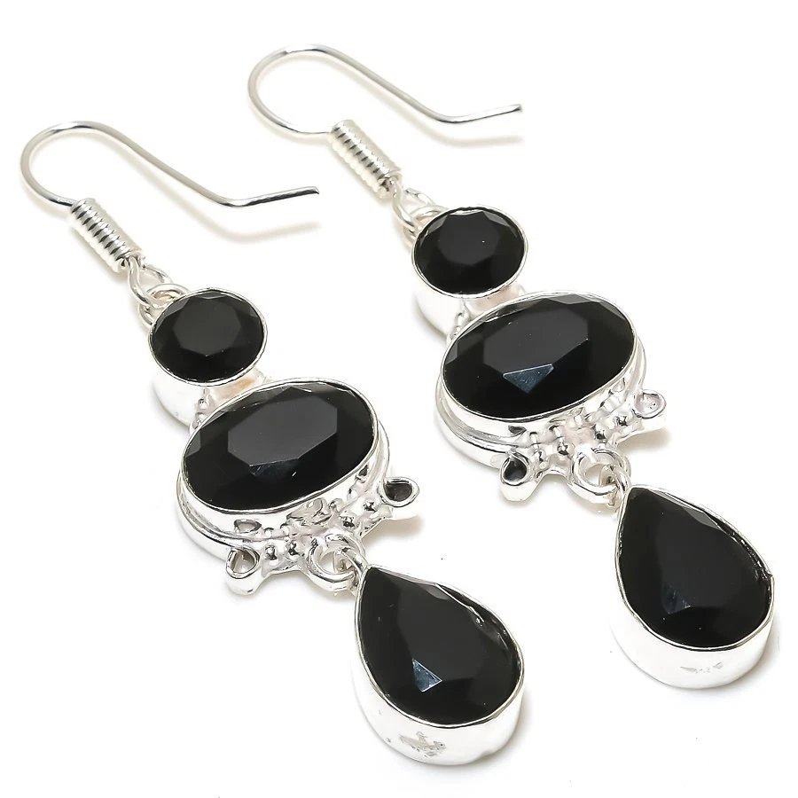 Black Spinel Gemstone Handmade 925 Sterling Silver Jewelry Earring Size 2.5" - Image 1 of 1