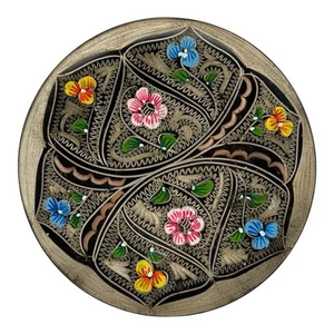 Vintage Hand Painted Bronze Copper Metal Small Hanging Plate 7.5” Diameter - Picture 1 of 7